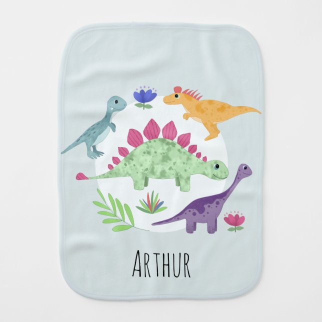 Boys Cute Blue T-Rex Dinosaur Name Baby Burp Cloth (Front)