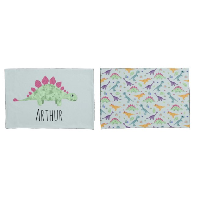 Boys Cute Blue T-Rex Dinosaur Name Kids Pillow Case (Front-Set)