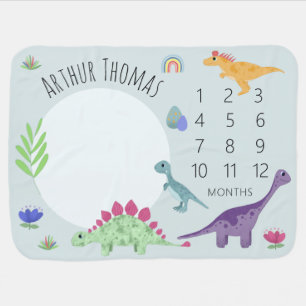 Boys Cute Blue T-Rex Dinosaur & Name Milestone Baby Blanket