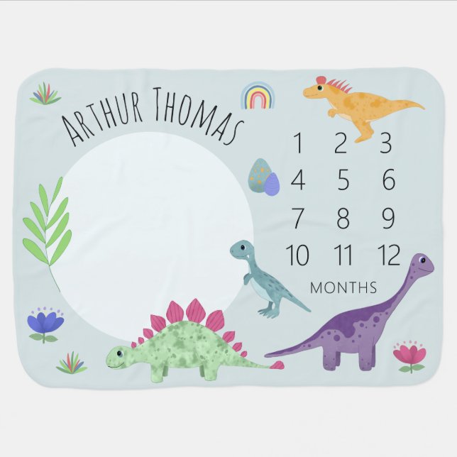 Boys Cute Blue T-Rex Dinosaur & Name Milestone Baby Blanket (Horizontal)