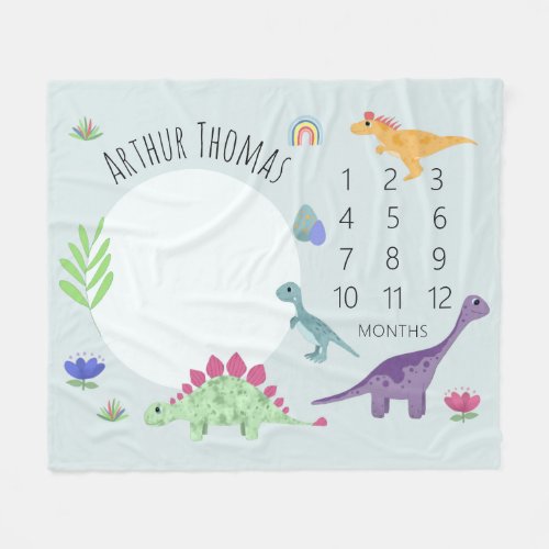 Boys Cute Blue T_Rex Dinosaur Name Milestone Baby Fleece Blanket