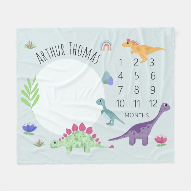 Boys Cute Blue T-Rex Dinosaur Name Milestone Baby Fleece Blanket (Front (Horizontal))