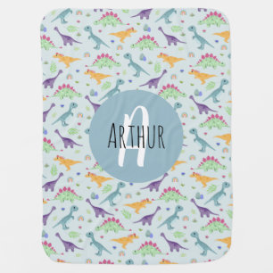 Boys Cute Blue T-Rex Dinosaur Pattern & Name Baby Blanket