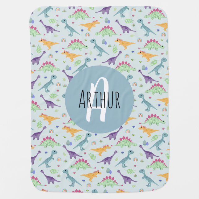 Boys Cute Blue T-Rex Dinosaur Pattern & Name Baby Blanket (Front)