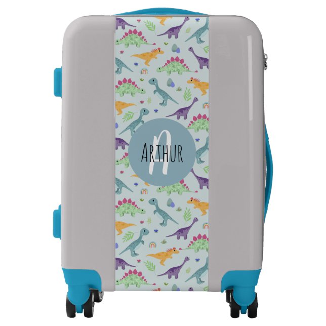 Boys Cute Blue T-Rex Dinosaur Pattern & Name Kids Luggage (Front)