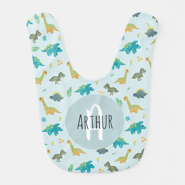 Boys Cute Blue T-Rex Jungle Dinosaur Pattern Baby Bib (Front)