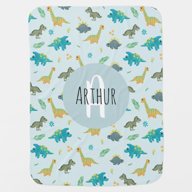 Boys Cute Blue T-Rex Jungle Dinosaur Pattern Baby Blanket (Front)