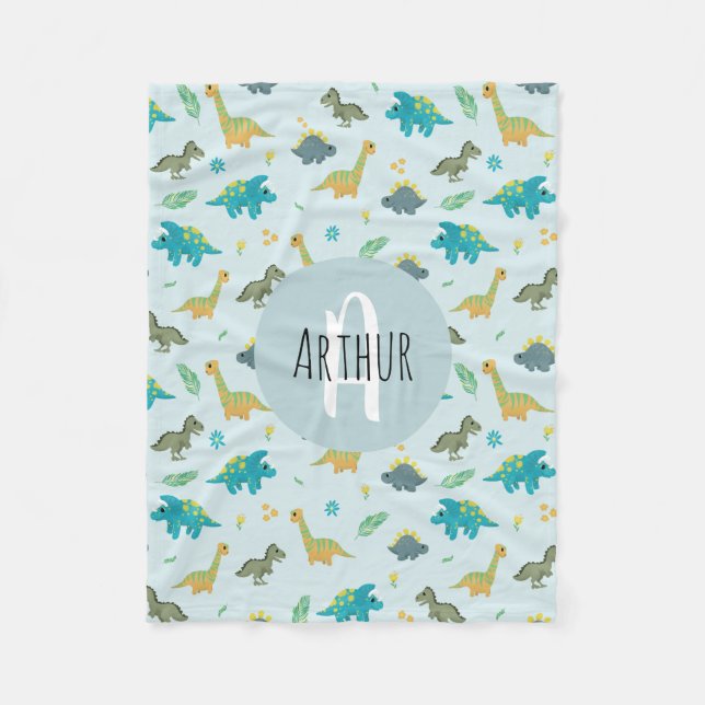 Boys Cute Blue T-Rex Jungle Dinosaur Pattern Kids Fleece Blanket (Front)