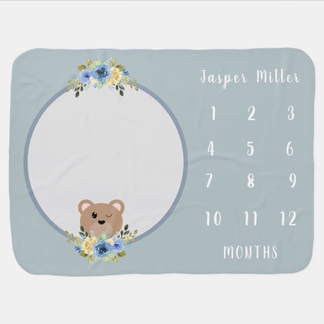 Boys Cute Blue Teddy Bear Monthly Milestone Baby Blanket (Horizontal)