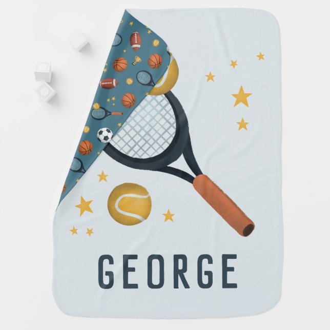 Boys Cute Blue Tennis Sports Baby Blanket (In Situ)