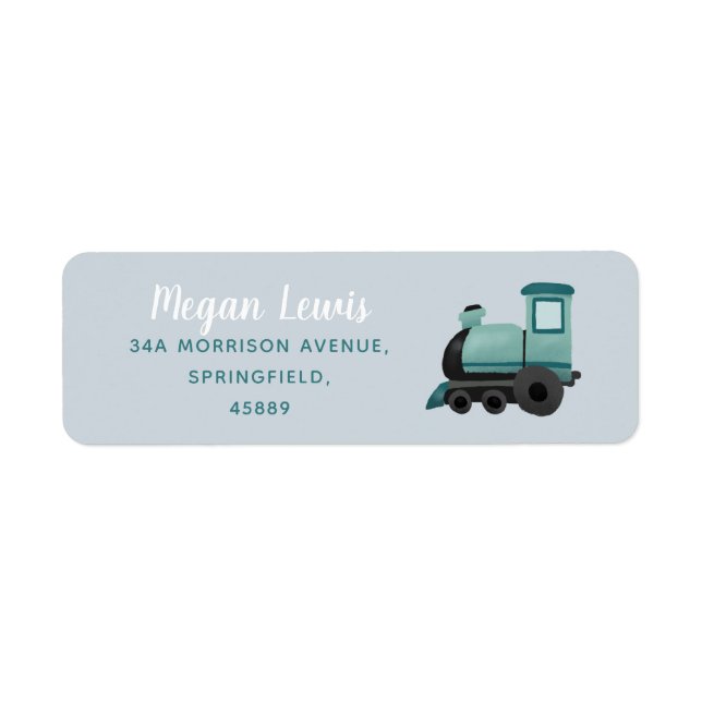 Boys Cute Blue Train Baby Shower Return Label (Front)