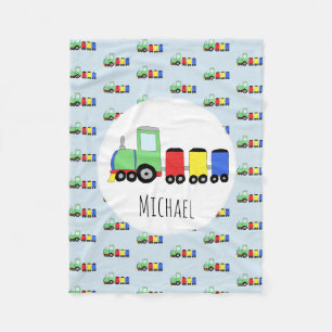 Boys Cute Blue Train Pattern with Name Kids Fleece Blanket