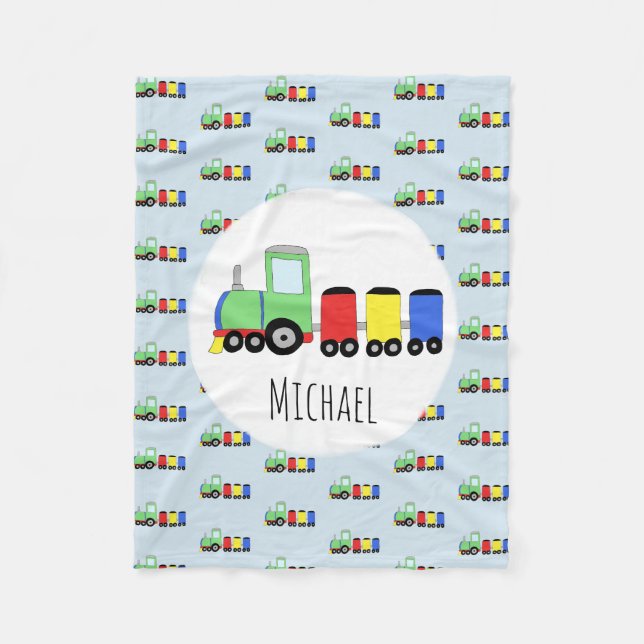 Boys Cute Blue Train Pattern with Name Kids Fleece Blanket (Front)