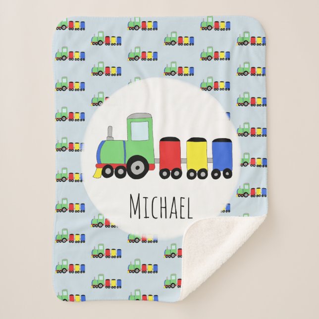 Boys Cute Blue Train Pattern with Name Kids Sherpa Blanket (Front)