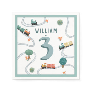 Boys Cute Blue Train Tracks Kids Birthday Napkins