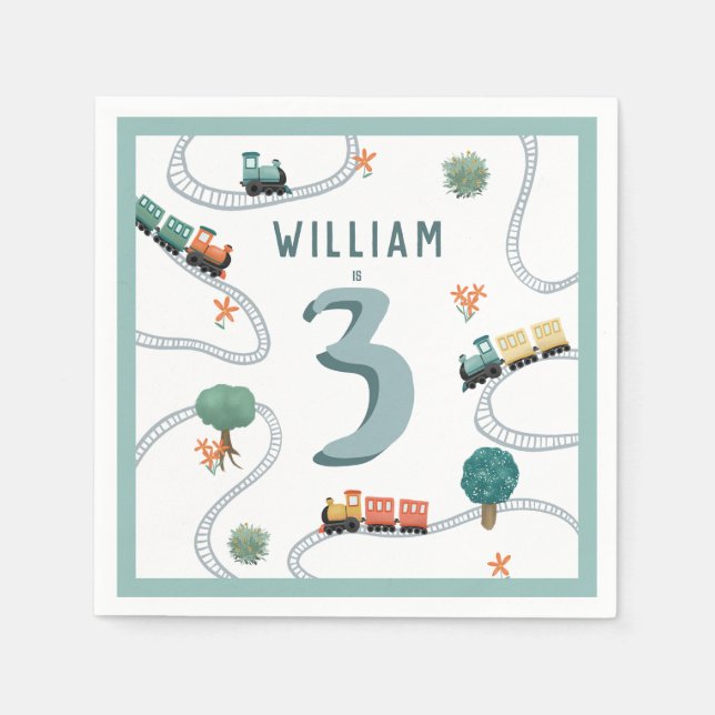 Boys Cute Blue Train Tracks Kids Birthday Napkins (Front)