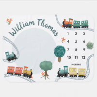 Boys Cute Blue Train Travel Milestone