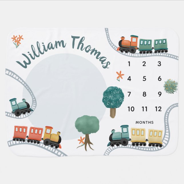 Boys Cute Blue Train Travel Milestone Baby Blanket (Horizontal)