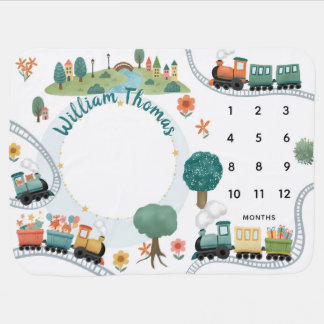 Boys Cute Blue Train Travel Milestone Custom Name Baby Blanket
