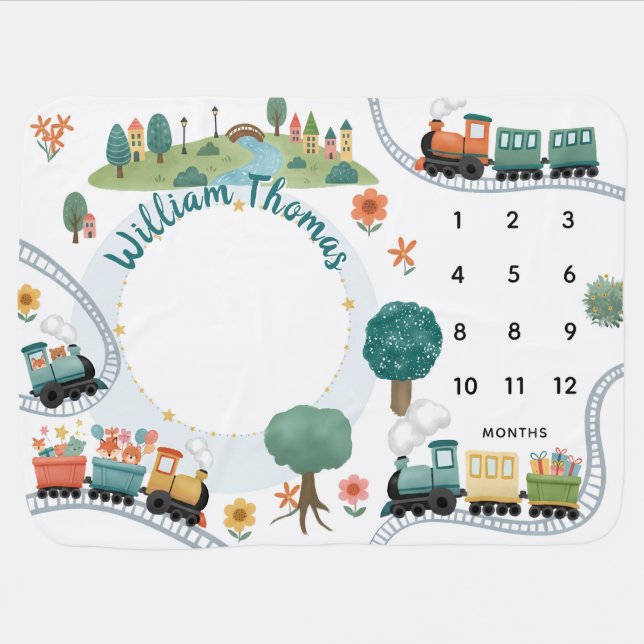 Boys Cute Blue Train Travel Milestone Custom Name Baby Blanket (Horizontal)