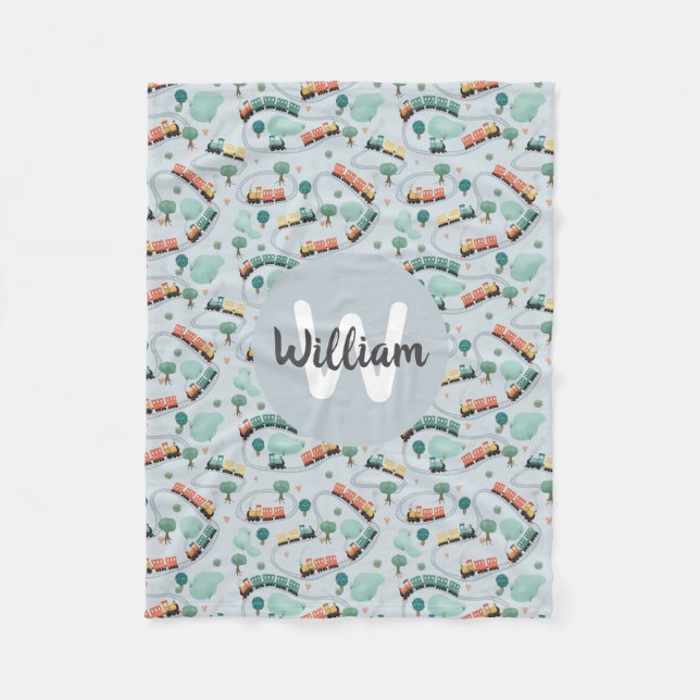 Boys Cute Blue Train Travel Monogram Pattern Kids Fleece Blanket (Front)