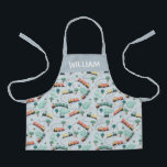 Boys Cute Blue Train Travel Pattern Kids Apron<br><div class="desc">This cute kids apron design features a train travel transport pattern,  with trains,  train tracks,  and greenery on a blue background,  and can be personalized with your boy's name. Perfect for a young chef or gardener.</div>