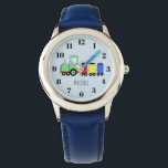 Boys Cute Blue Train with Name Kids Watch<br><div class="desc">This cute blue kids watch features colorful hand-drawn doodle locomotive train cartoon on blue,  and can be personalized with your boy's name. Perfect for train and travel loving kids!</div>