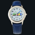 Boys Cute Blue Train with Name Kids Watch<br><div class="desc">This cute blue kids watch features colorful hand-drawn doodle locomotive train cartoon on blue,  and can be personalized with your boy's name. Perfect for train and travel loving kids!</div>