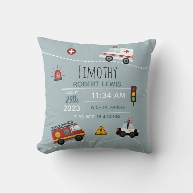 Boys Cute Blue Transport Birth Stats & Name Throw Pillow (Front)