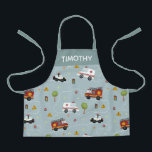 Boys Cute Blue Transport Pattern Kids Apron<br><div class="desc">This cute kids apron design features an emergency transport pattern,  with a fire engine truck,  ambulance,  and police car on a blue background,  and can be personalized with your boy's name. Perfect for a young chef or gardener.</div>