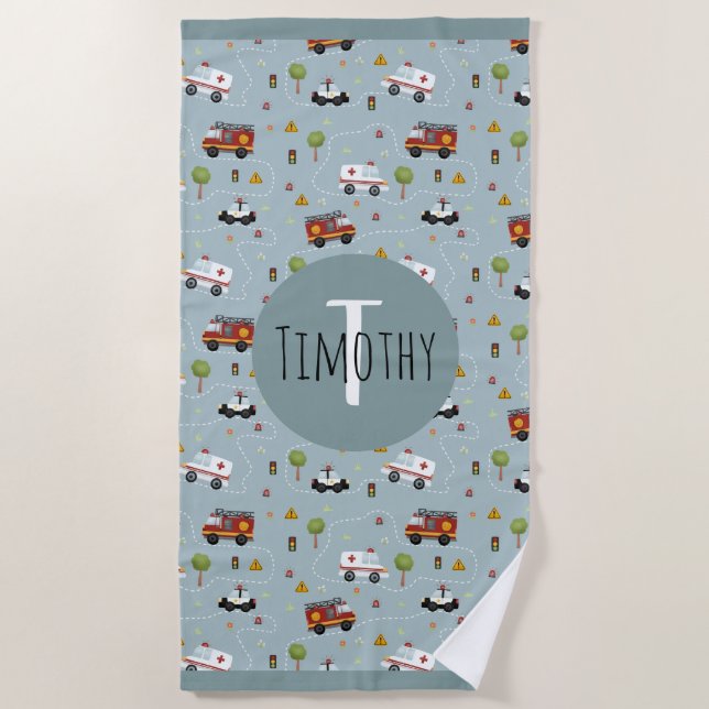 Boys Cute Blue Transport Pattern Kids Beach Towel (Front)