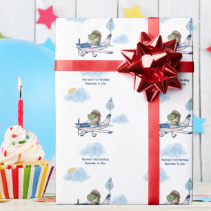 Boys Cute Blue Travel Airplane Kids 1st Birthday Wrapping Paper