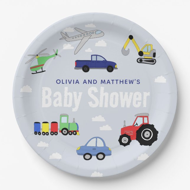 Boys Cute Blue Travel Car Baby Shower Paper Plates (Front)