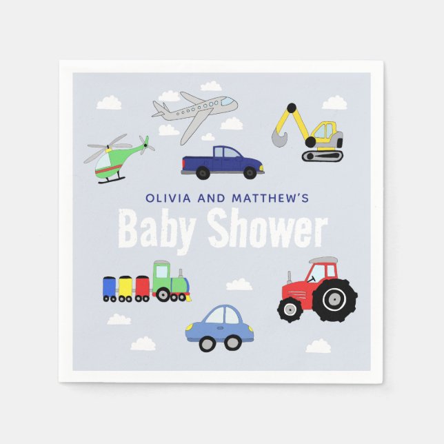 Boys Cute Blue Travel Vehicle Baby Shower Napkins (Front)