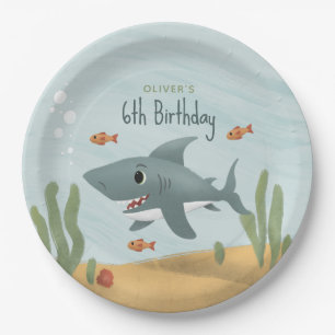 Boys Cute Blue Under the Sea Shark Kids Birthday Paper Plates