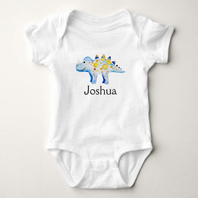 Boys Cute Blue Watercolor Dinosaur and Name Baby Bodysuit (Front)