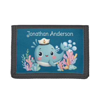Boys Cute Blue Whale Kids School Tri-fold Wallet