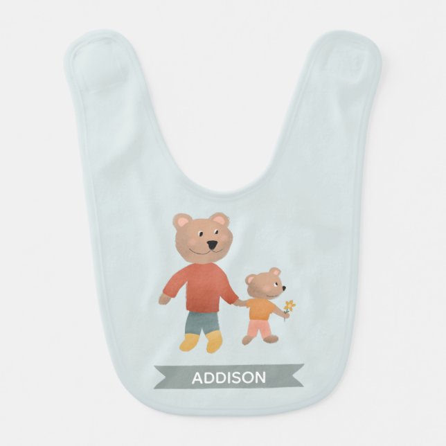 Boys Cute Blue Woodland Baby Bear Baby Bib (Front)