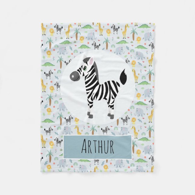 Boys Cute Blue Zebra & Safari Pattern Name Kids Fleece Blanket (Front)
