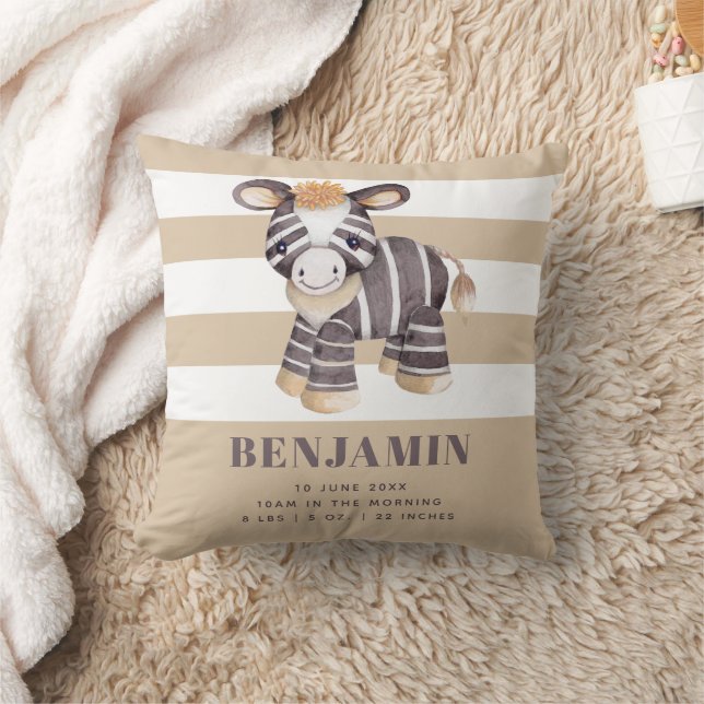Boys Cute Boho Zebra Safari Birth Stats Nursery Throw Pillow (Blanket)