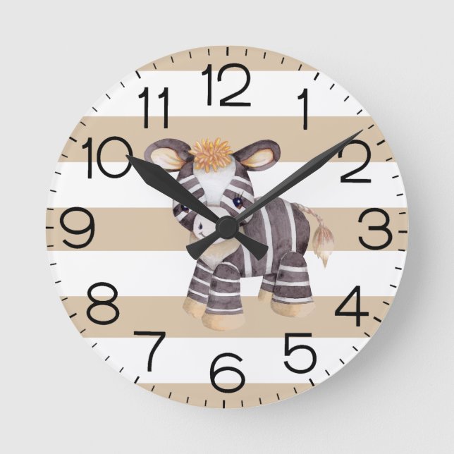 Boys Cute Boho Zebra Safari Personalized Round Clock (Front)