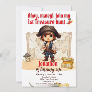 Boys Cute Brown Pirate 1st Birthday Party Invitation