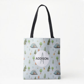 Boys Cute Camping Bear Pattern and Name Kids Tote Bag