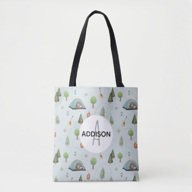Boys Cute Camping Bear Pattern and Name Kids Tote Bag (Front)