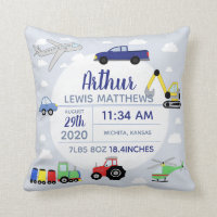 Boys Cute Car Airplane Name Baby Boy Birth Stats Throw Pillow