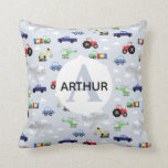 Boys Cute Car Truck Tractor Airplane and Name Kids Throw Pillow<br><div class="desc">This cute blue custom kids throw pillow design features a blue cartoon transport pattern, with cars, pickup trucks, trains, airplanes, diggers, tractors and helicopters. There is also space for you to add your boys name and monogram in a beautiful font. The perfect transport themed addition to your little one's room...</div>