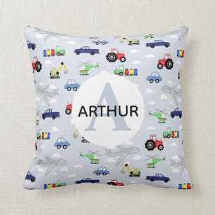 Boys Cute Car Truck Tractor Airplane and Name Kids Throw Pillow