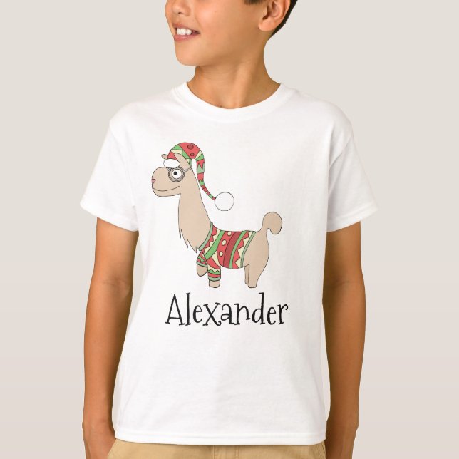 Boys Cute Christmas Llama and Name T-Shirt (Front)