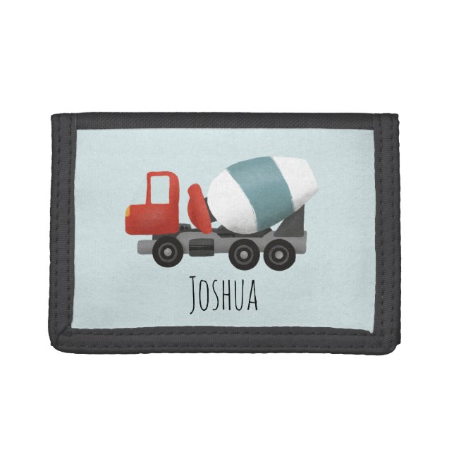 Boys Cute Construction Concrete Mixer and Name Trifold Wallet (Front)