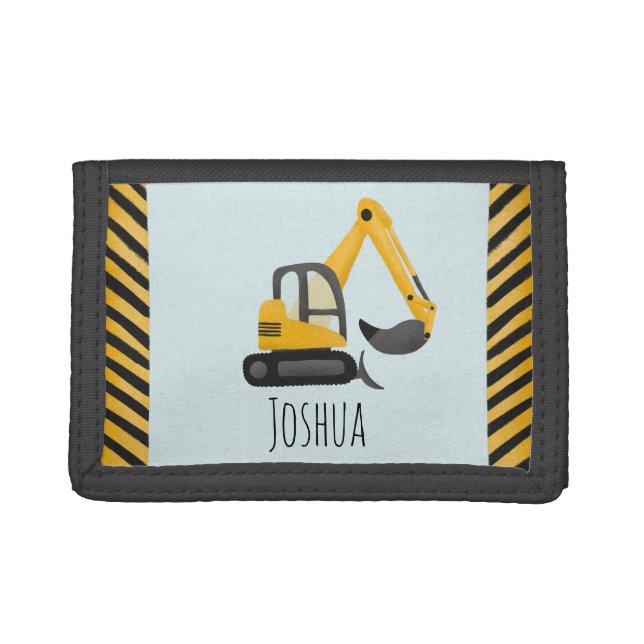 Boys Cute Construction Digger and Name Trifold Wallet (Front)